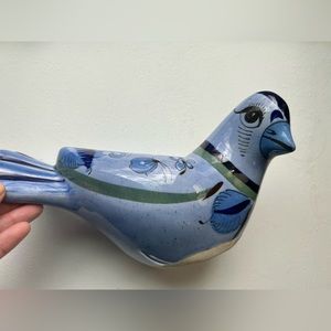 Vintage Tonala Mexican pottery blue & green ceramic bird hand painted